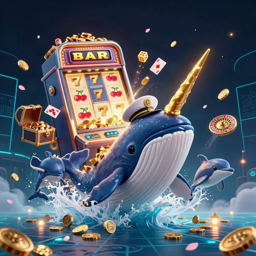 Captain whale, narwhal, and dolphins burst from coins and slots in teal-lit oceanic casino fantasy.
