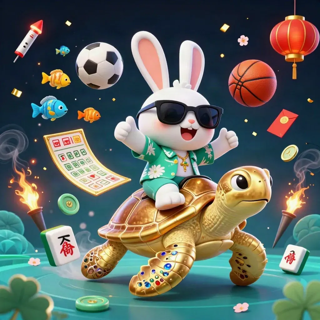 Cartoon rabbit on a golden sea turtle, sports balls and casino charms exploding in teal-and-gold light.
