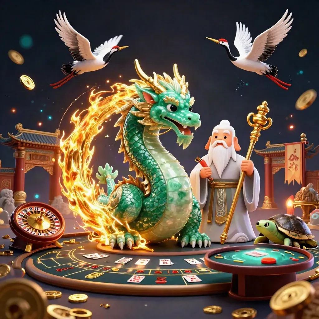 Jade dragon, turtle sage, and cranes in a glowing casino-fantasy scene with gold magic.