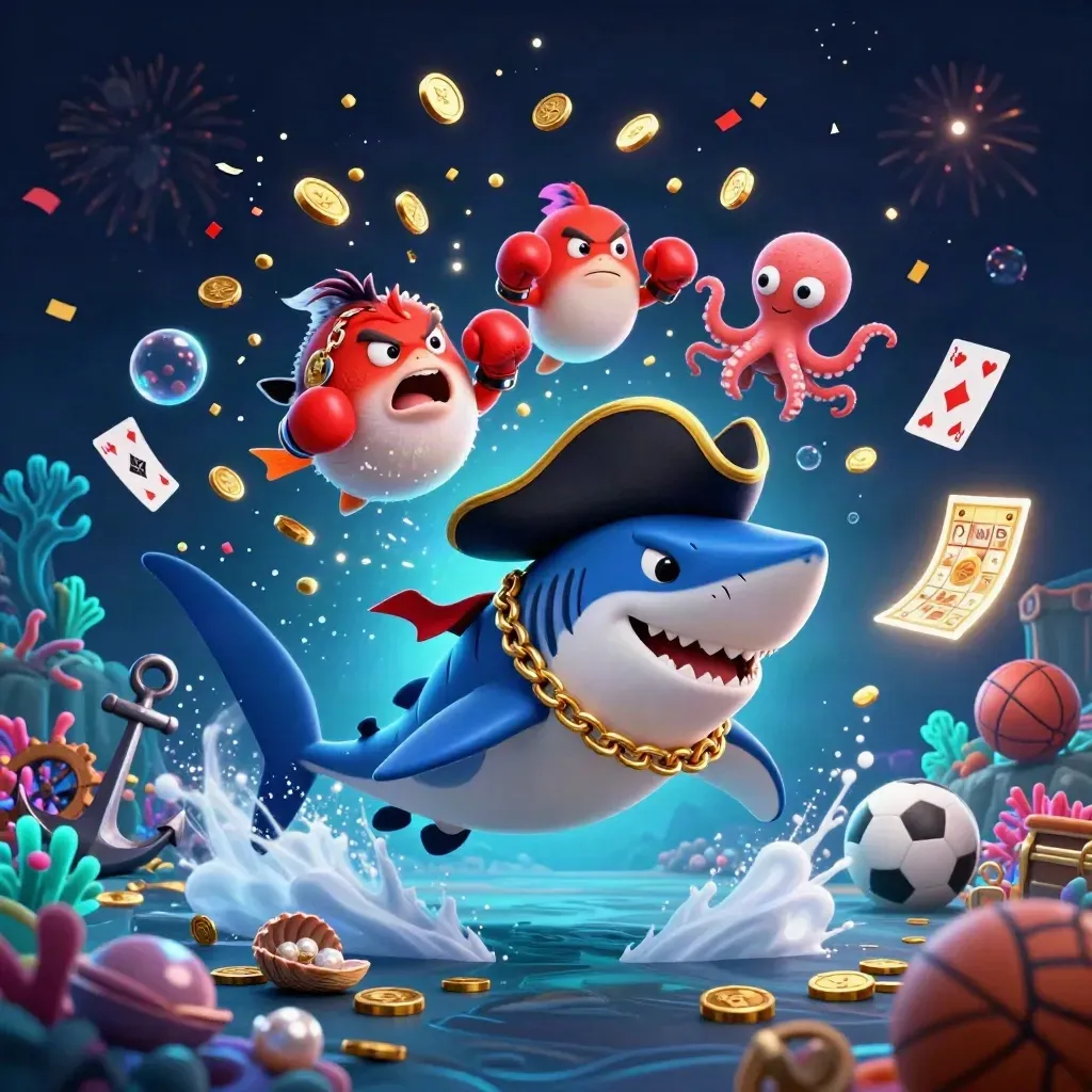 Pirate shark, boxing pufferfish, and juggling octopus in a glowing underwater casino scene.