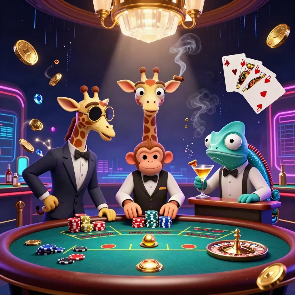 Giraffe, monkey and chameleon at a neon VIP casino table with coins, gems and a spinning roulette wheel.