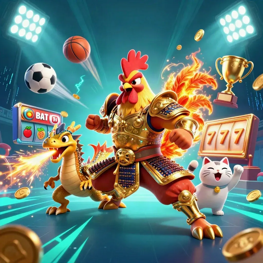 Rooster warrior, spark-breathing hatchling, and fortune cat amid coins, sports balls, and teal neon.