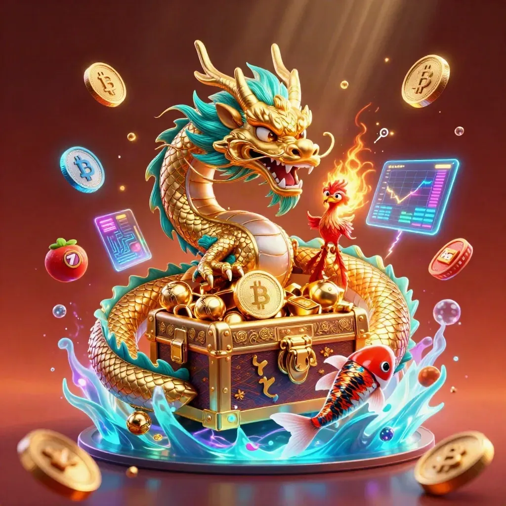 Dragon, phoenix, koi, and crypto coins burst from treasure in neon casino fantasy art.