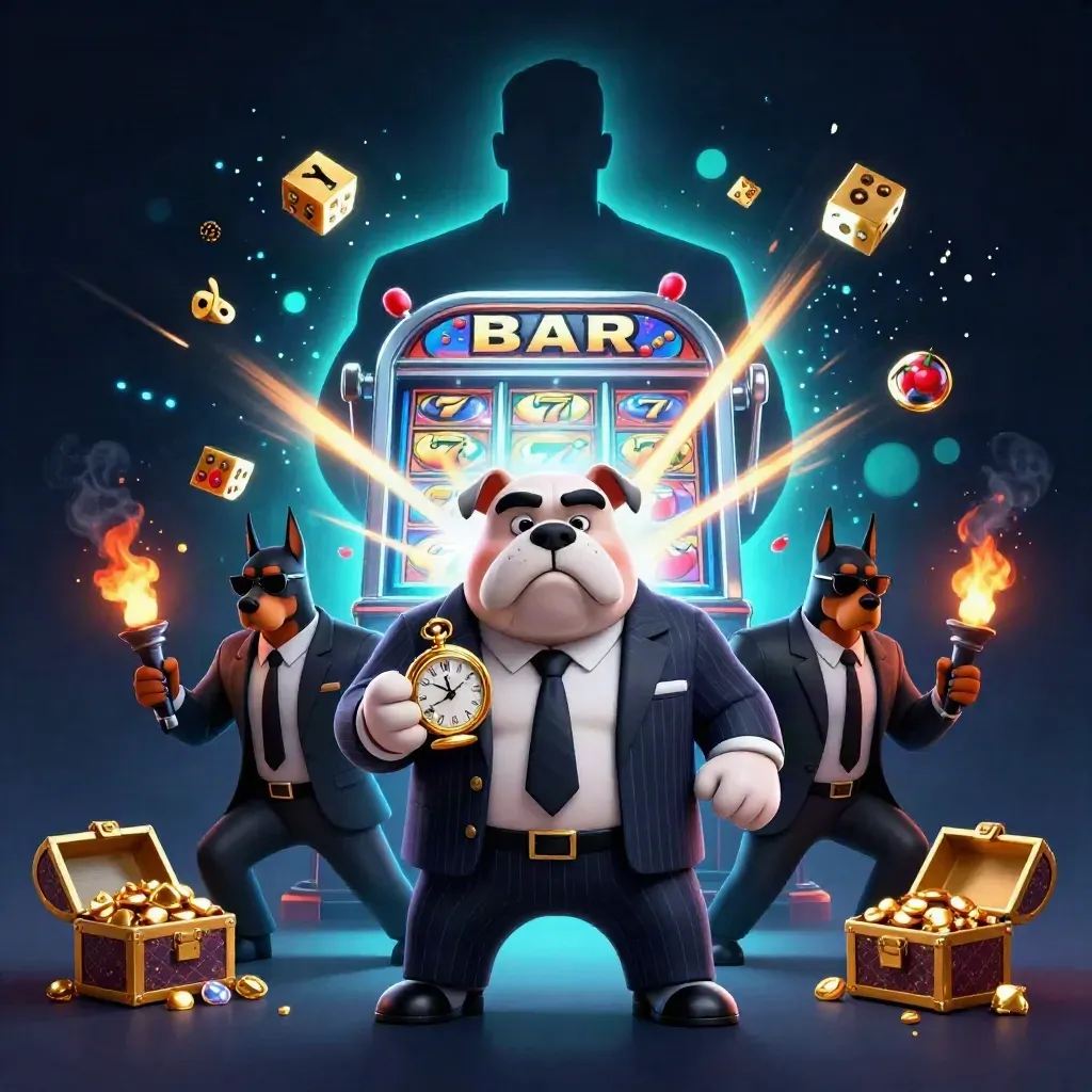 Bulldog boss and two Dobermans amid exploding slot machine, gold, gems, and casino lights.