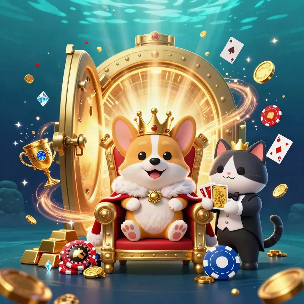 Royal corgi and cat butler on a throne amid exploding vault, coins, gems, and fireworks.
