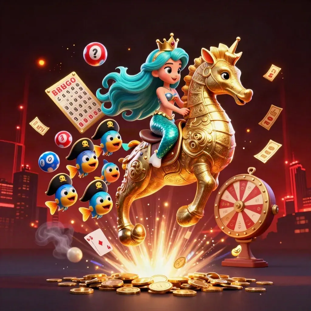 Mermaid princess riding a golden seahorse amid coins, lottery balls, and casino effects
