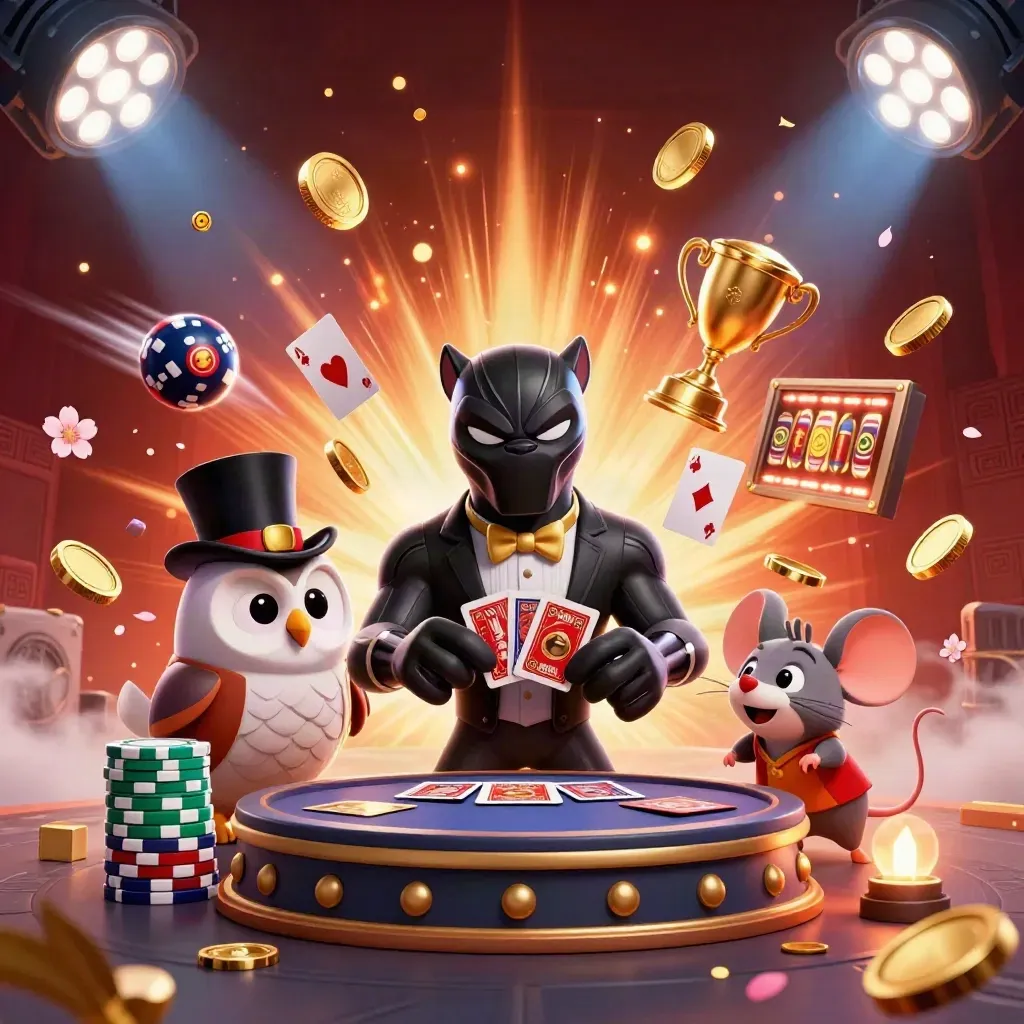 Panther, owl, and mouse amid exploding coins, cards, trophies, and fireworks in a luxe casino scene.
