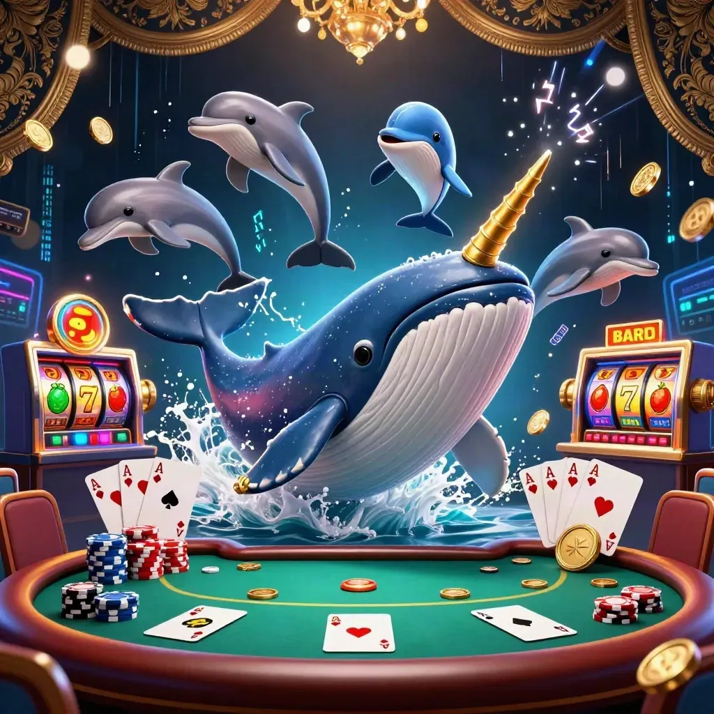 Captain whale and narwhal burst through casino coins with chips, reels, and teal-gold glow