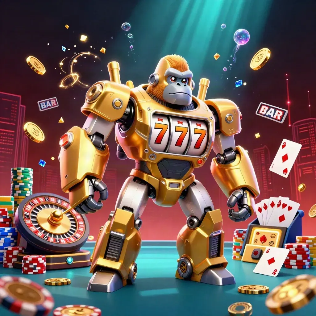 Golden gorilla mech with monkey pilot, casino reels, coins, roulette, chips, and teal glow.