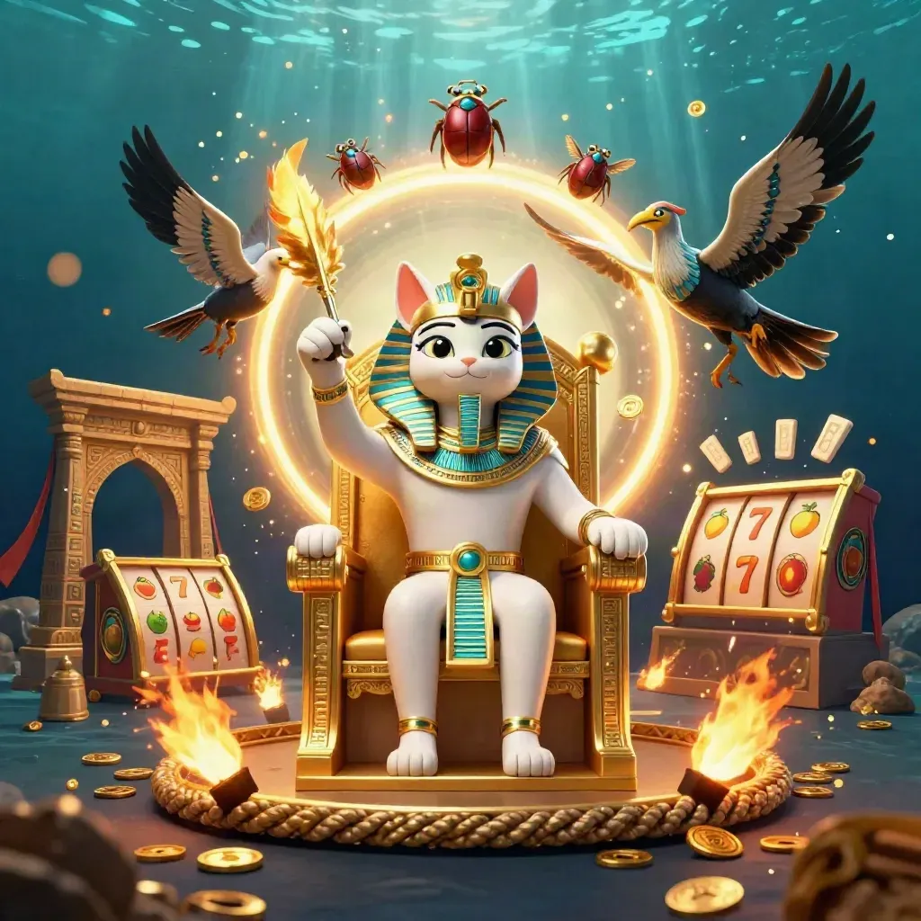 Pharaoh cat on golden throne with ibis scribe, scarabs, slot icons, and teal ocean glow.