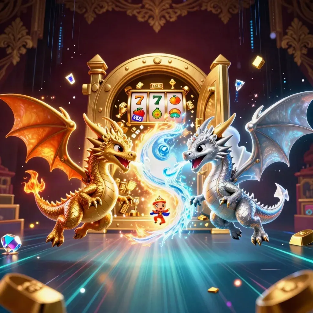 Twin gold and silver dragons swirl around a glowing treasure vault with casino symbols